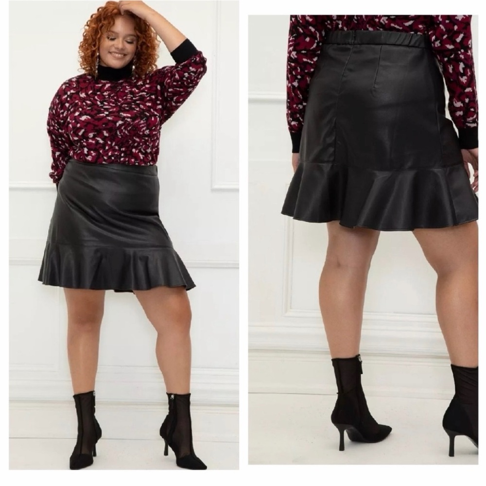 Eloquii Elements Black Faux Leather Flounce Skirt